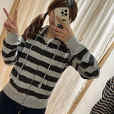 Kukombo Vintage Stripe Pockets Hoodies Women Autumn New Warm Drawstring Long Sleeve Cardigan Top Casual Streetwear Y2K Sweatshirt Female