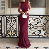 Kukombo Half Turtle Neck Knitted Dress Women's Sexy Sleeveless Solid Long Dress Tight Pleated High Waist Office Lady Long Dress