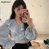 Kukombo Ruffles Blouses Women Lace Slim Bandage Sweet Ladies Temperament Princess Flare Sleeve Fashion Ulzzang Simple All-match Classic outfit inspo