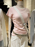 Kukombo Sweet Pink Striped Short Sleeve Tees Women New Casual Slim O-neck Tshirts Tops Female Cute Preppy Style Streetwear T-shirts Y2K