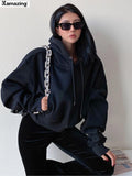 Kukombo Winter Women Solid Fleece Hoodies Clothing Long Sleeve Tops Loose Pocket Sweatshirt Female Casual Pullover ootd