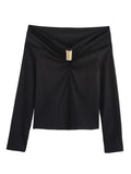 Kukombo Spring Outfits Elegant Woman Off Shoulder T-shirt Metal Beading Long Sleeve Slim Tee Shirt Vintage Women Spring New Fashion Corset Tops Clothes
