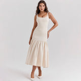 Kukombo Backless Ruffled Patchwork Long Dress Women's White Slim Pleated Dress Summer Sexy High Waist Off Shoulder Long Dress