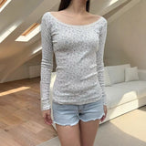Kukombo Lace Trim Floral Print Sweet Slim Women T-shirts For Autumn Spring Tight Long Sleeve Tshirt Top Round Neck Y2K Street Tees