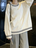 Kukombo Striped Trim Cable Knit Pullover Sweater