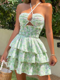 Kukombo Homecoming Dress Party Outfits Floral Smocked Bust Cut-Out Layered Dress