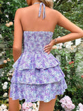 Kukombo Homecoming Dress Party Outfits Floral Smocked Bust Cut-Out Layered Dress