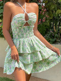 Kukombo Homecoming Dress Party Outfits Floral Smocked Bust Cut-Out Layered Dress