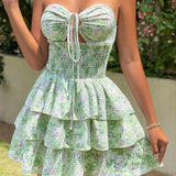 Kukombo Homecoming Dress Party Outfits Floral Smocked Bust Cut-Out Layered Dress