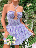 Kukombo Homecoming Dress Party Outfits Floral Smocked Bust Cut-Out Layered Dress