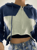 Kukombo Hooded Star Zip-Up Cropped Cardigan