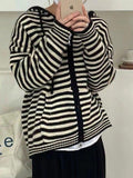 Kukombo Hooded Striped Long Sleeve Knit Cardigan