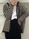 Kukombo Hooded Striped Long Sleeve Knit Cardigan