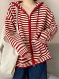 Kukombo Hooded Striped Long Sleeve Knit Cardigan