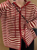 Kukombo Hooded Striped Long Sleeve Knit Cardigan