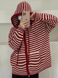 Kukombo Hooded Striped Long Sleeve Knit Cardigan