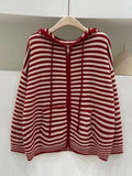 Kukombo Hooded Striped Long Sleeve Knit Cardigan