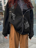 Kukombo Black Zip-Up Hoodie with Rhinestone Cross Pattern