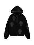 Kukombo Black Zip-Up Hoodie with Rhinestone Cross Pattern