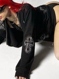Kukombo Black Zip-Up Hoodie with Rhinestone Cross Pattern