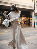 Kukombo Apricot Two-piece Suit Women's Spring And Summer 2024 New Long-sleeved Shoulder T-shirt Top High Waist Half-length Skirt