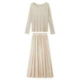Kukombo Apricot Two-piece Suit Women's Spring And Summer 2024 New Long-sleeved Shoulder T-shirt Top High Waist Half-length Skirt