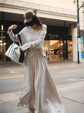 Kukombo Apricot Two-piece Suit Women's Spring And Summer 2024 New Long-sleeved Shoulder T-shirt Top High Waist Half-length Skirt