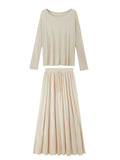 Kukombo Apricot Two-piece Suit Women's Spring And Summer 2024 New Long-sleeved Shoulder T-shirt Top High Waist Half-length Skirt