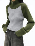 Kukombo Knit Contrast Color High Neck Cardigan