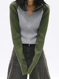 Kukombo Knit Contrast Color High Neck Cardigan