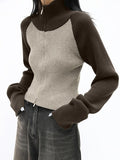 Kukombo Knit Contrast Color High Neck Cardigan