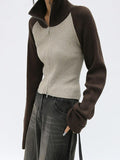 Kukombo Knit Contrast Color High Neck Cardigan