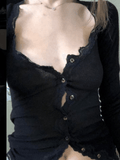 Kukombo Lace Trim Buttoned Knit Top
