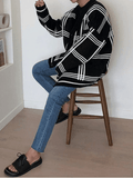 Kukombo Men's V Neck Checkered Cardigan