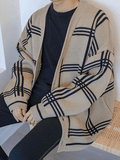 Kukombo Men's V Neck Checkered Cardigan