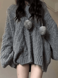 Kukombo Oversize V Neck Gray Cable Knit Sweater
