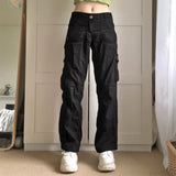 Kukombo - Y2K Black Cargo Jeans Ruched Pockets Cute Straight Trousers Punk Fashion Low Waisted Korean Jeans Women Retro Grunge