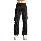 Kukombo - Y2K Black Cargo Jeans Ruched Pockets Cute Straight Trousers Punk Fashion Low Waisted Korean Jeans Women Retro Grunge