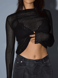 Kukombo See Through Long Sleeve Ribbed Knit Top