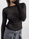 Kukombo See Through Long Sleeve Ribbed Knit Top