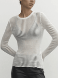 Kukombo See Through Long Sleeve Ribbed Knit Top