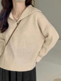 Kukombo Solid Color Lapel Neck Baggy Sweater