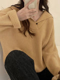 Kukombo Solid Color Lapel Neck Baggy Sweater