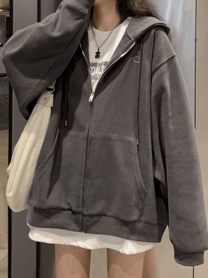Kukombo Solid Color Zip Up Hoodie