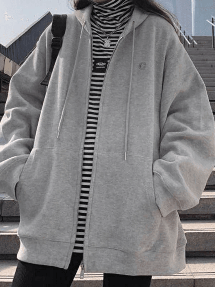 Kukombo Solid Color Zip Up Hoodie
