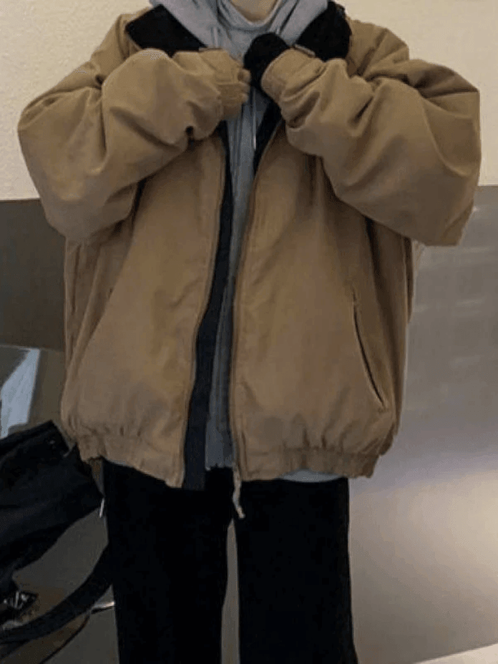 Kukombo Solid Color Vintage Zip-Up Jacket