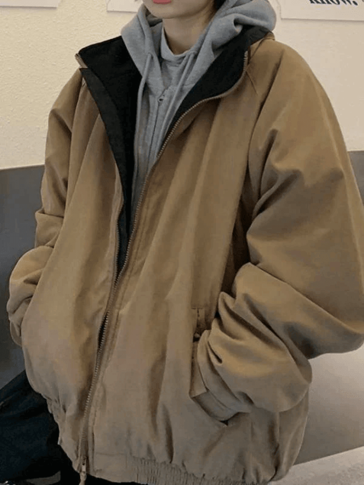 Kukombo Solid Color Vintage Zip-Up Jacket