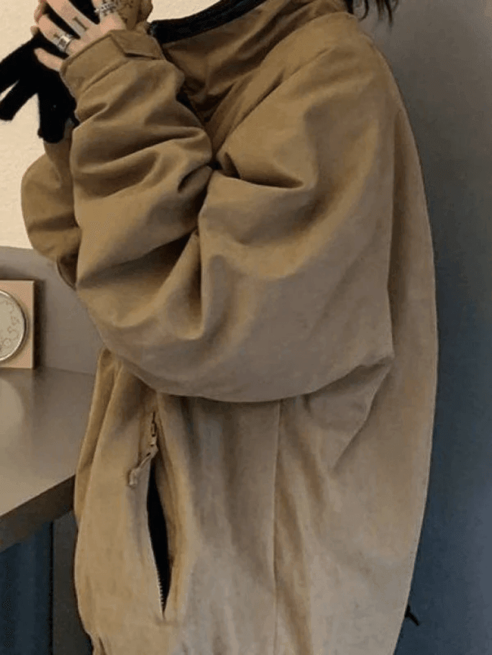Kukombo Solid Color Vintage Zip-Up Jacket