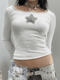 Kukombo Star Patch Long Sleeve Cropped Knit Top