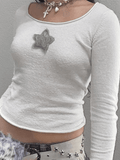 Kukombo Star Patch Long Sleeve Cropped Knit Top